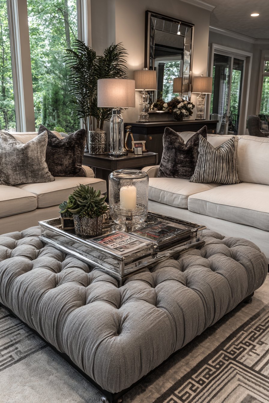 Gray Velvet Ottoman as Coffee Table