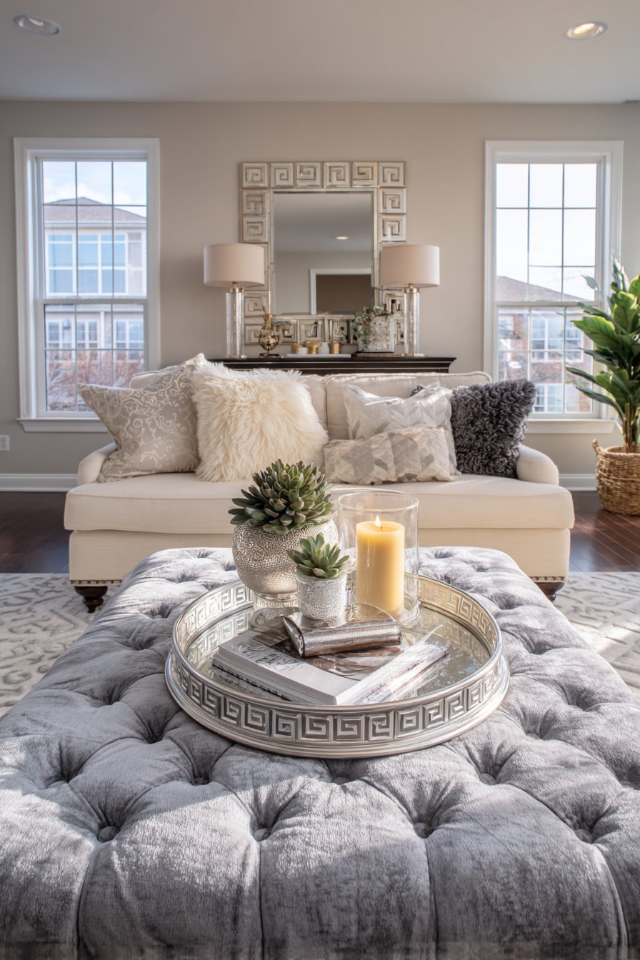 Gray Velvet Ottoman as Coffee Table