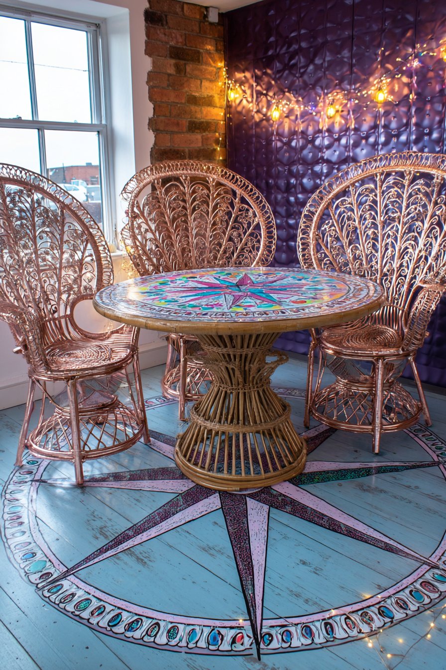 Hand-Painted Mandala Table with Metallic Peacock Chairs