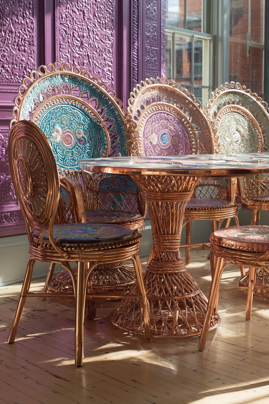 Hand-Painted Mandala Table with Metallic Peacock Chairs