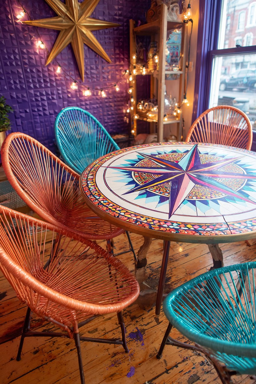 Hand-Painted Mandala Table with Metallic Peacock Chairs