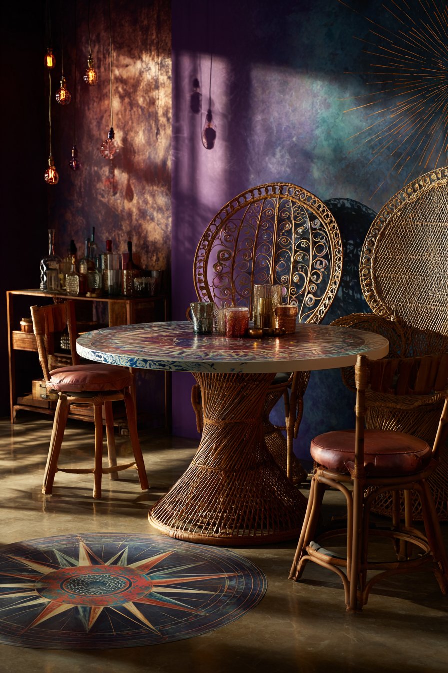Hand-Painted Mandala Table with Metallic Peacock Chairs