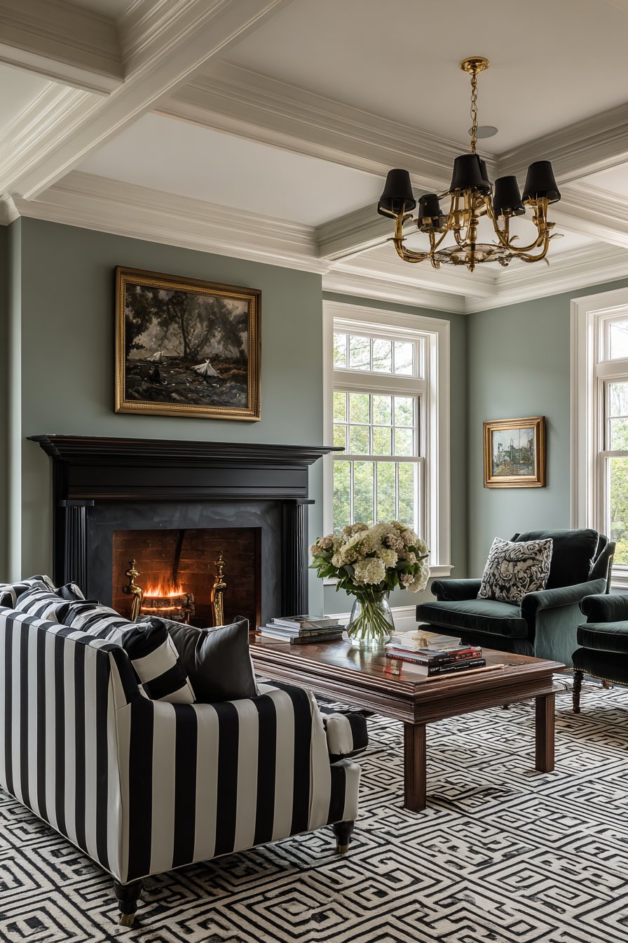 Black Coffered Ceiling with Sage Green Walls