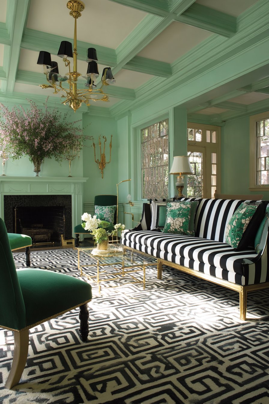 Black Coffered Ceiling with Sage Green Walls