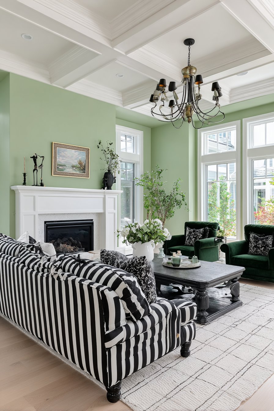 Black Coffered Ceiling with Sage Green Walls