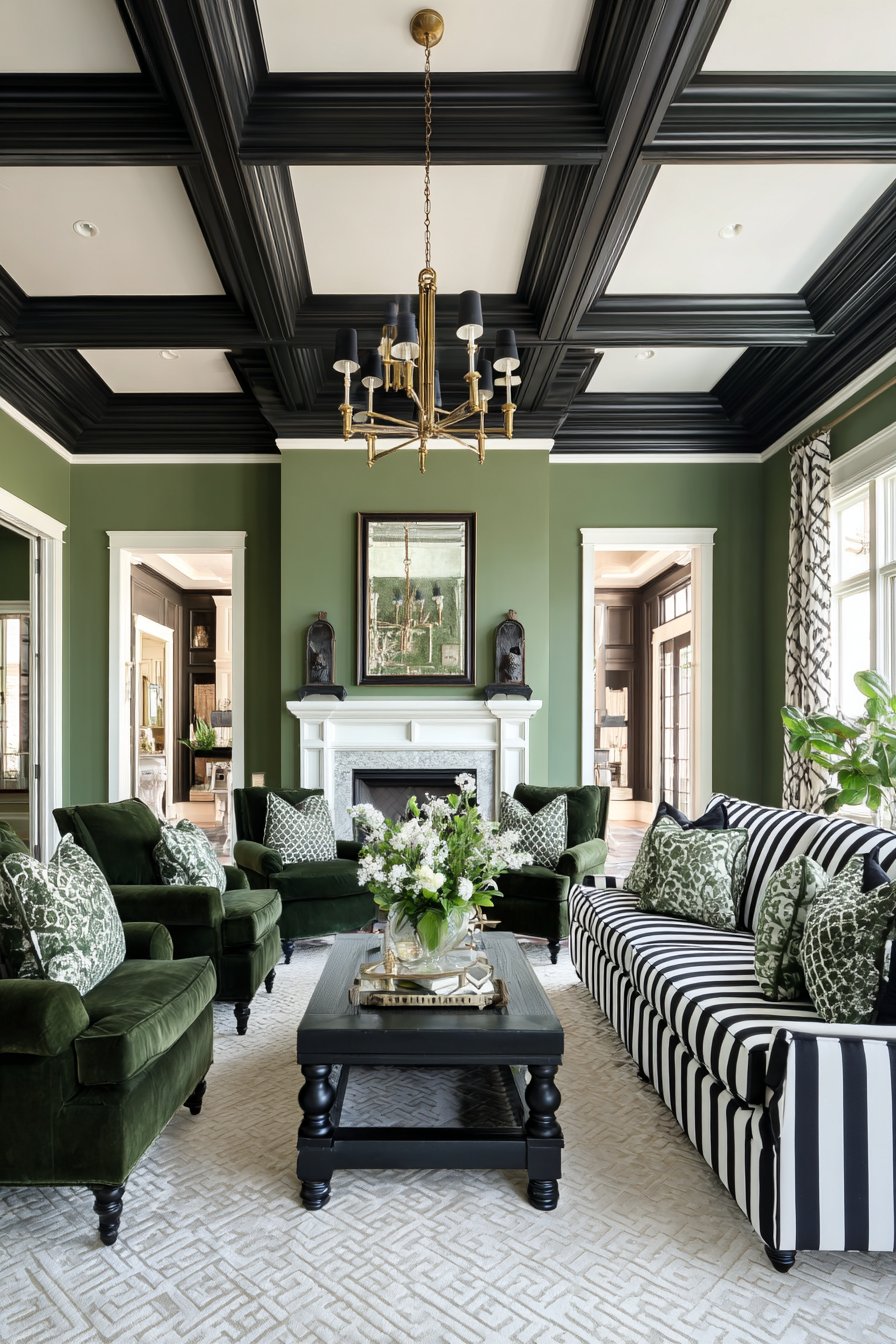 Black Coffered Ceiling with Sage Green Walls