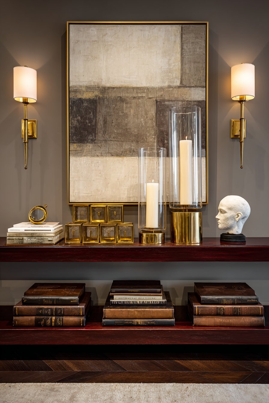 Mahogany Console Vignette with Charcoal Wall