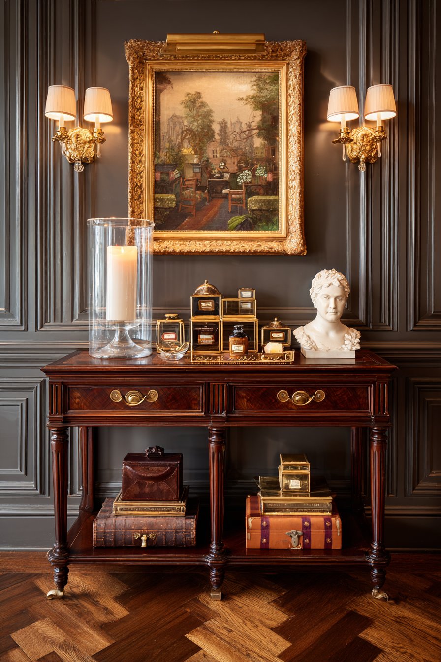 Mahogany Console Vignette with Charcoal Wall