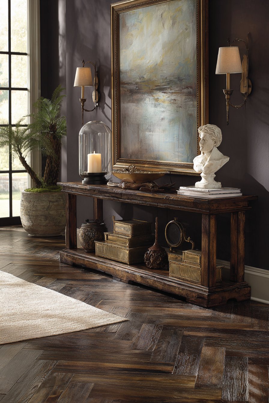 Mahogany Console Vignette with Charcoal Wall