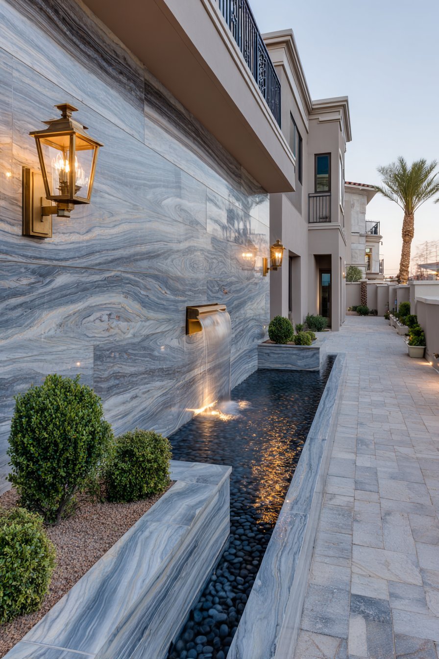 Luxury Book-Matched Marble with Integrated Waterfall