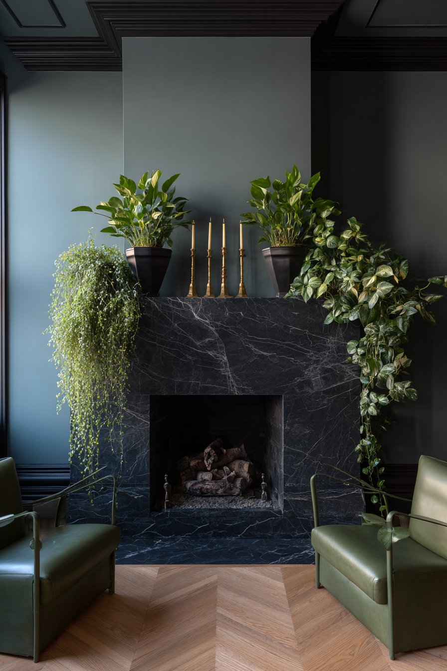 Forest Green Leather with Black Marble Fireplace