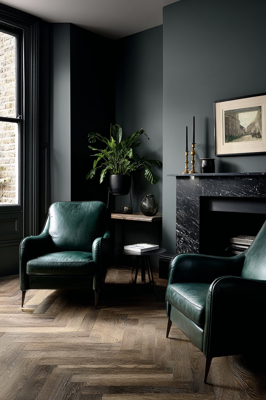 Forest Green Leather with Black Marble Fireplace