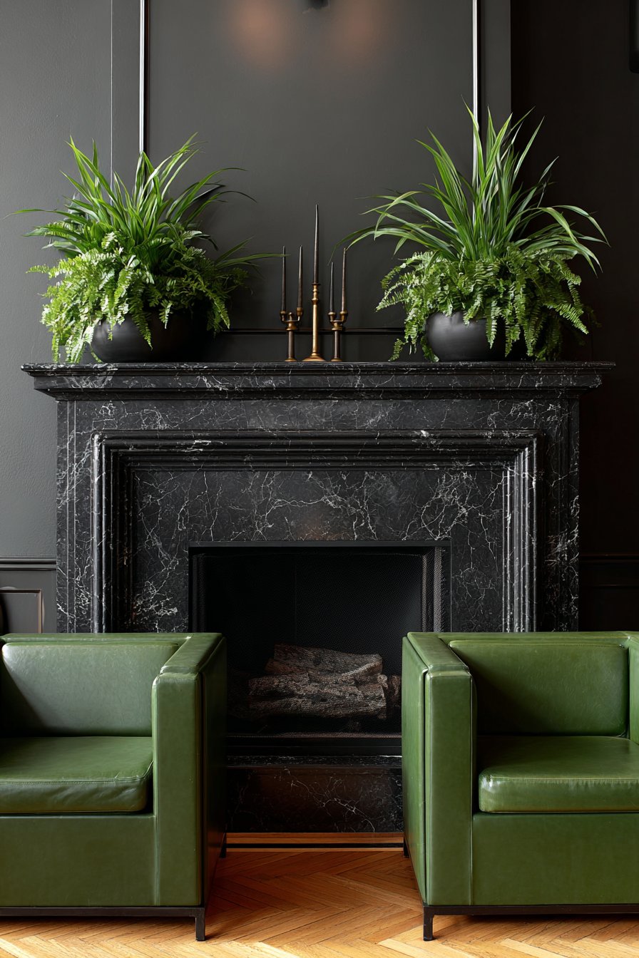 Forest Green Leather with Black Marble Fireplace