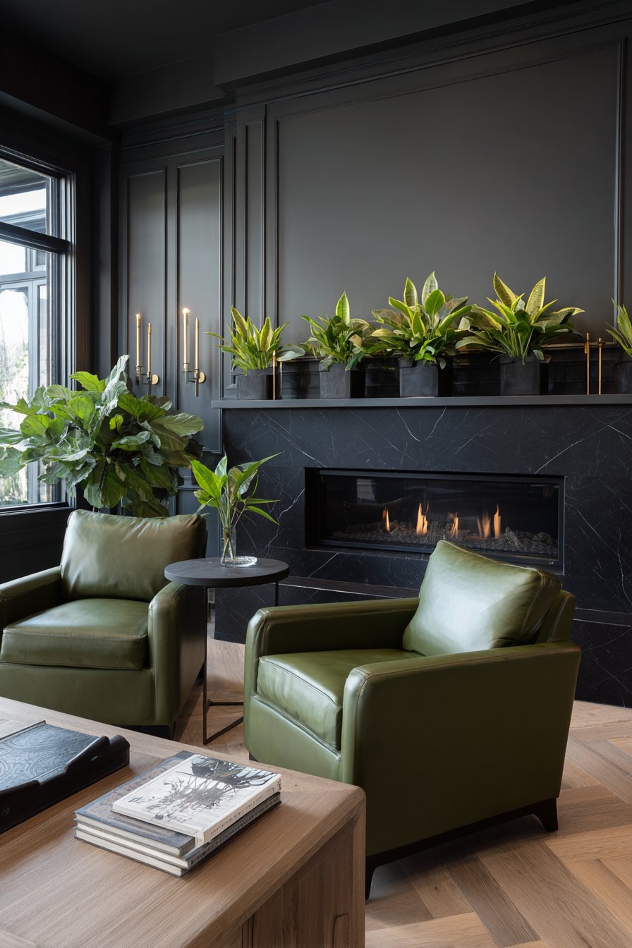 Forest Green Leather with Black Marble Fireplace