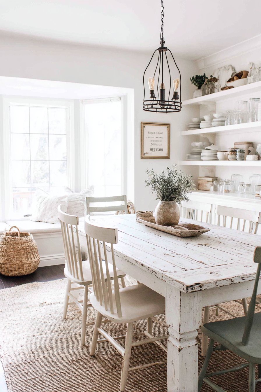 Farmhouse Charm with Distressed White Finishes