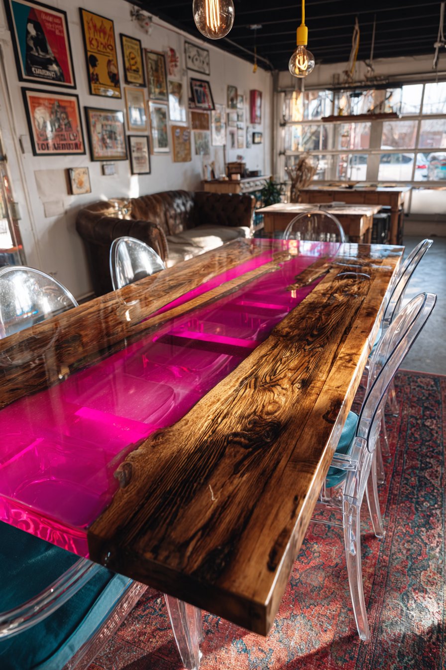 Industrial Reclaimed Wood with Neon Resin Inlays