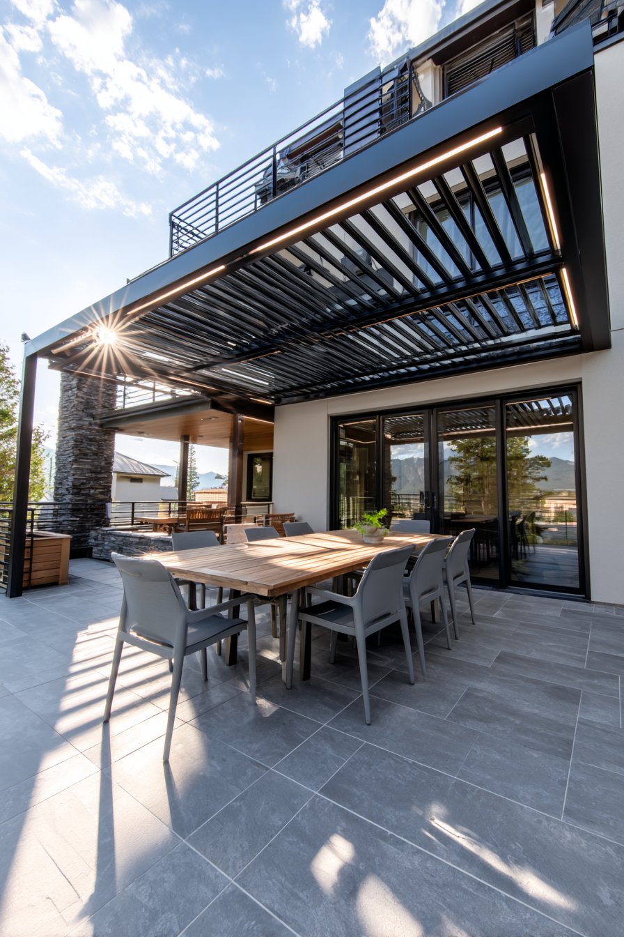Contemporary Attached Pergola with Adjustable Louvers