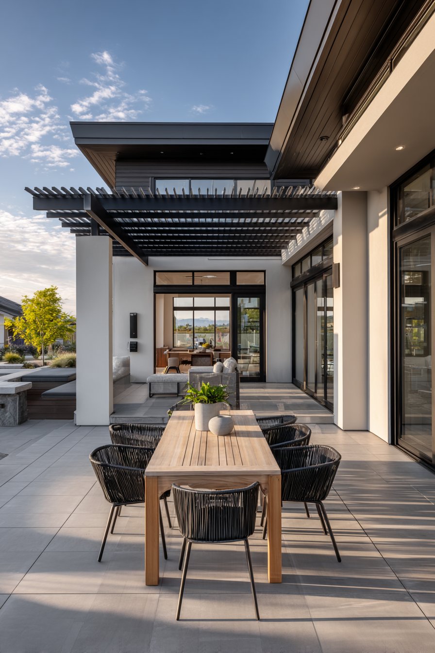 Contemporary Attached Pergola with Adjustable Louvers