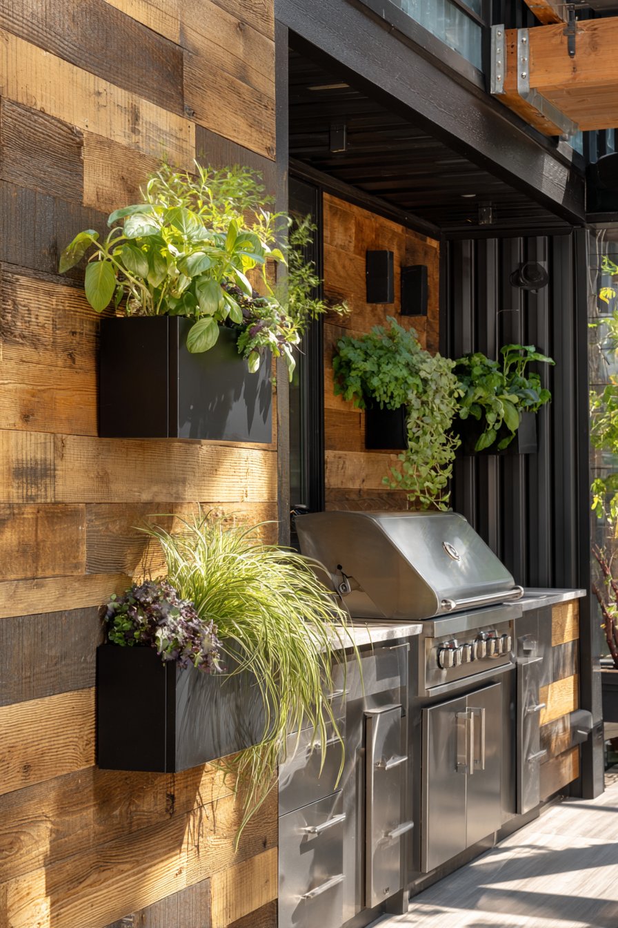 Dynamic Cedar Plank Wall with Metal Box Planters
