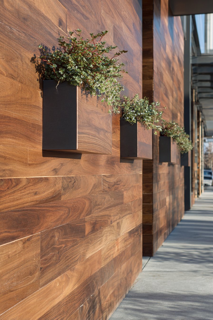 Dynamic Cedar Plank Wall with Metal Box Planters