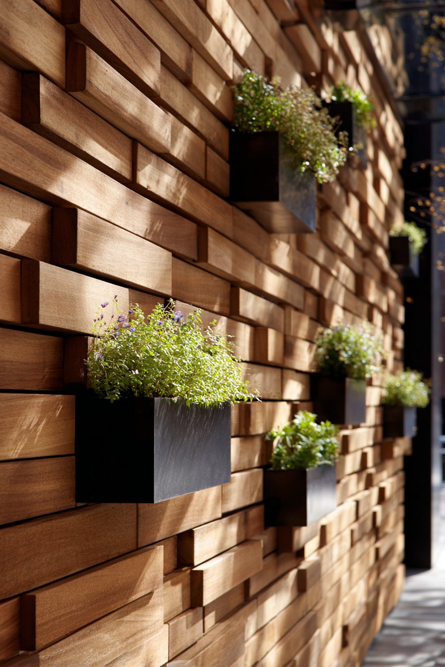 Dynamic Cedar Plank Wall with Metal Box Planters