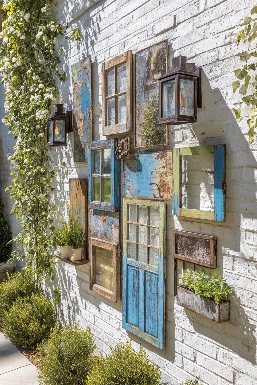 Eclectic Gallery Wall with Vintage Windows and Garden Art