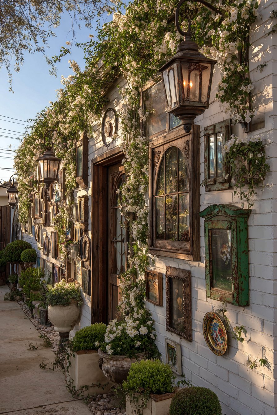 Eclectic Gallery Wall with Vintage Windows and Garden Art