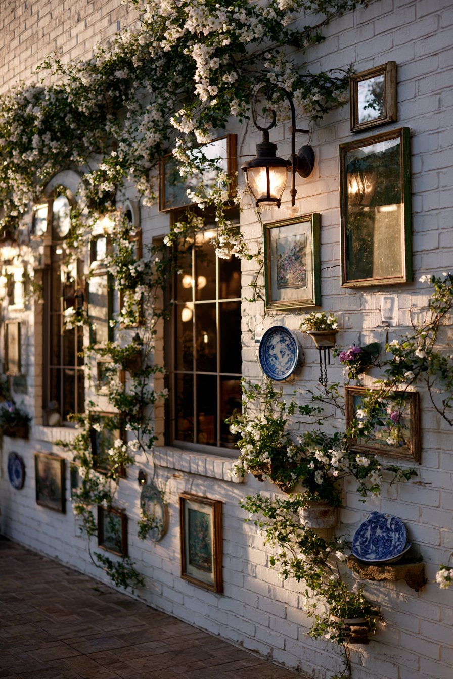 Eclectic Gallery Wall with Vintage Windows and Garden Art