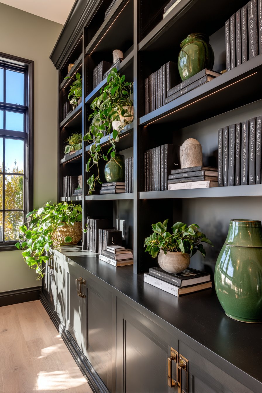 Floor-to-Ceiling Black Built-In Storage with Green Accents