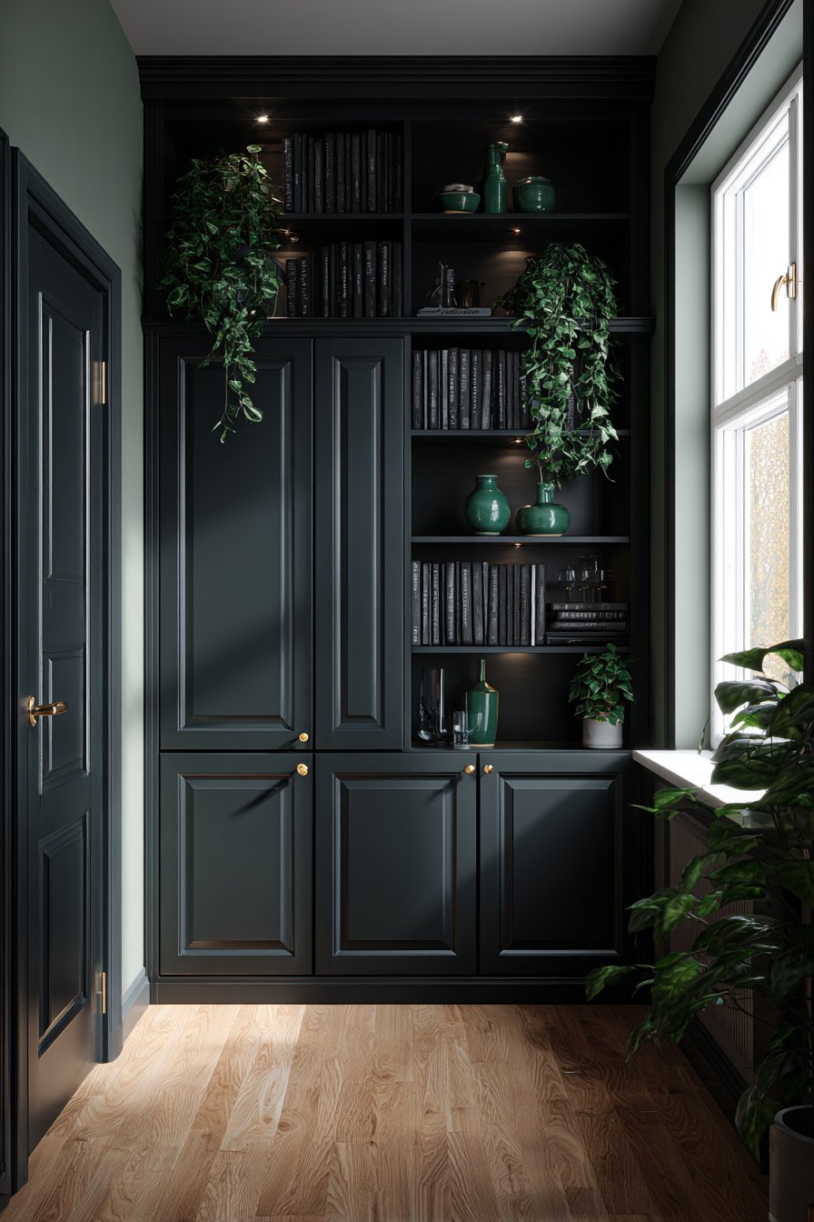 Floor-to-Ceiling Black Built-In Storage with Green Accents