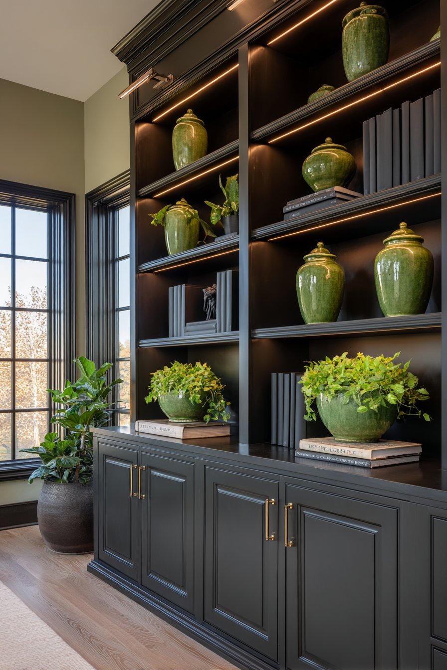 Floor-to-Ceiling Black Built-In Storage with Green Accents