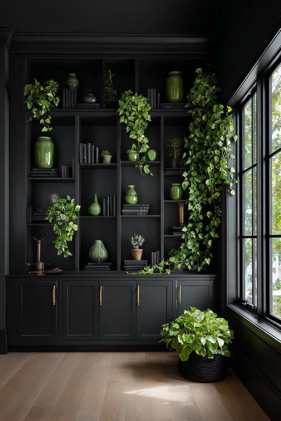 Floor-to-Ceiling Black Built-In Storage with Green Accents