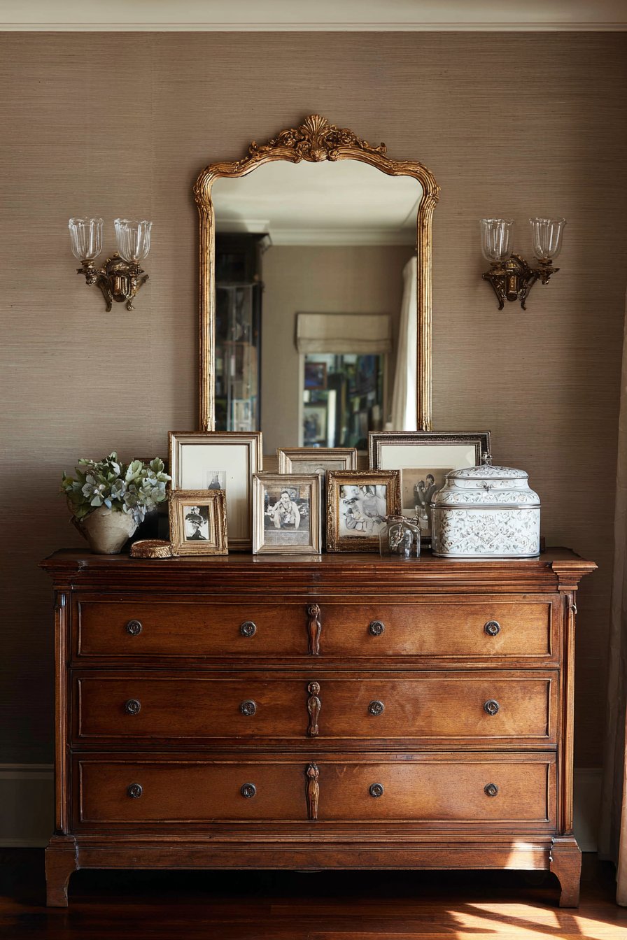 Cherry Wood Dresser with Gilded Mirror