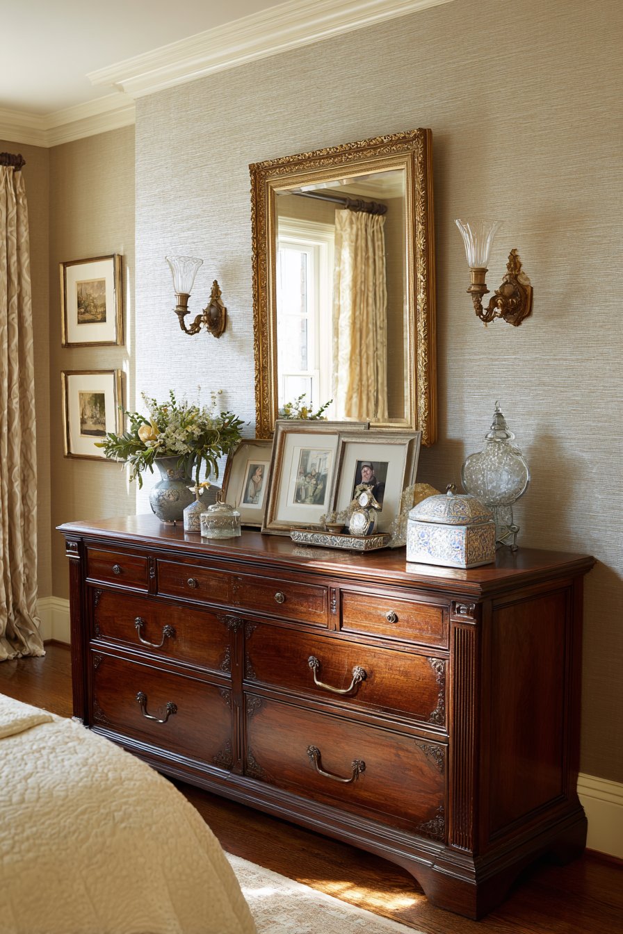 Cherry Wood Dresser with Gilded Mirror