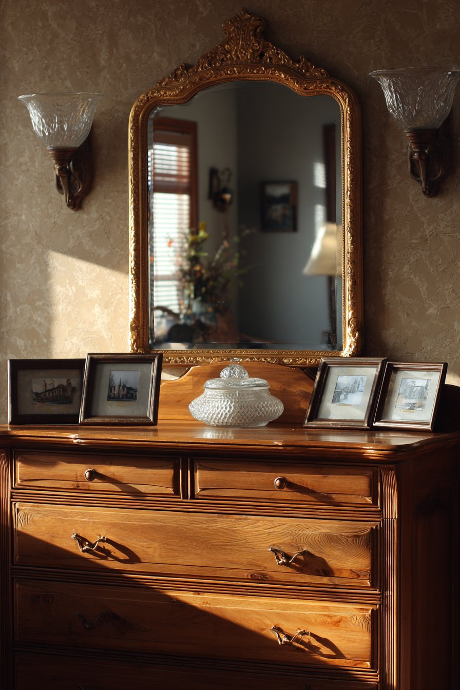 Cherry Wood Dresser with Gilded Mirror