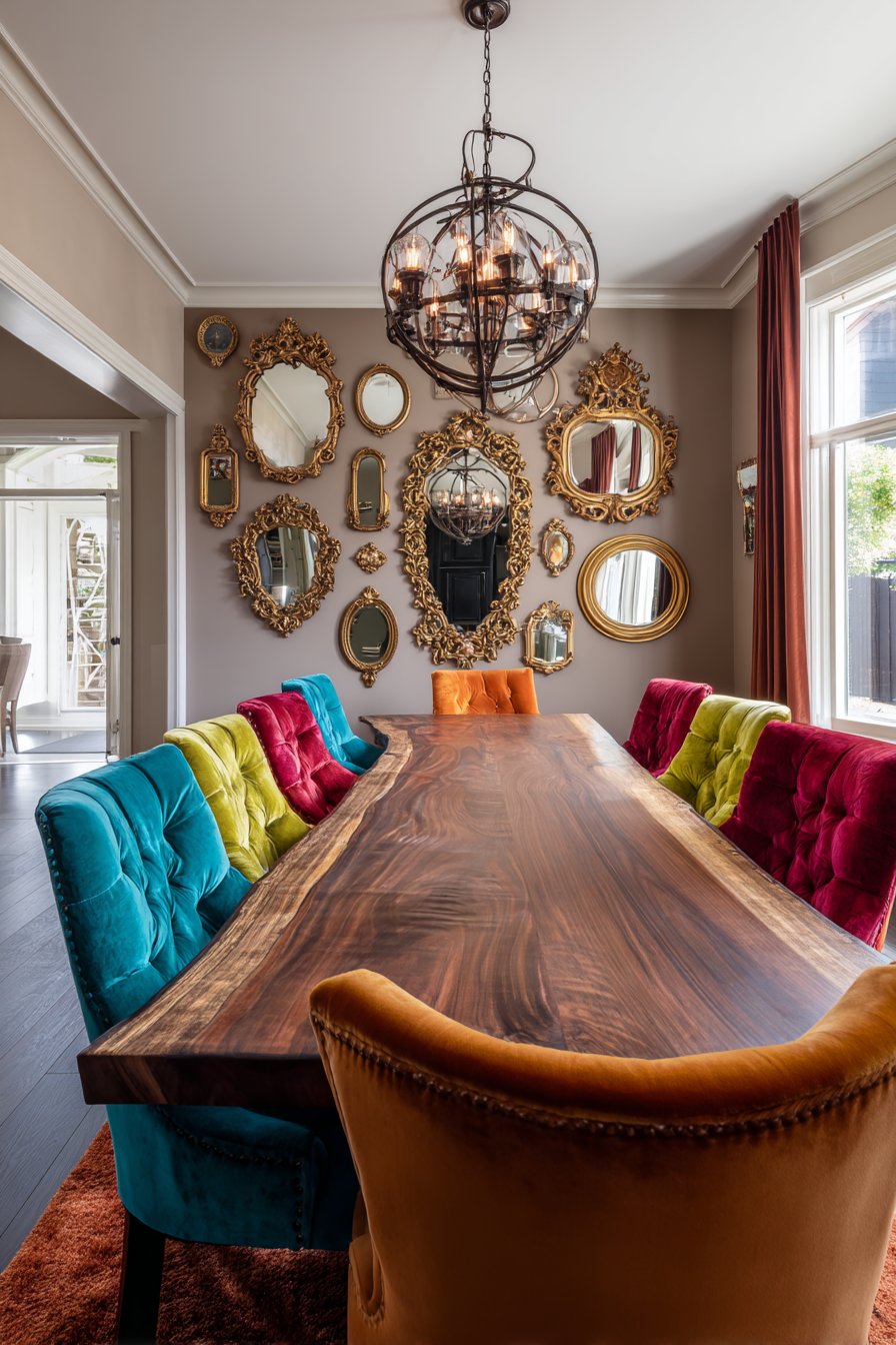 Live-Edge Walnut with Jewel-Tone Upholstered Chairs