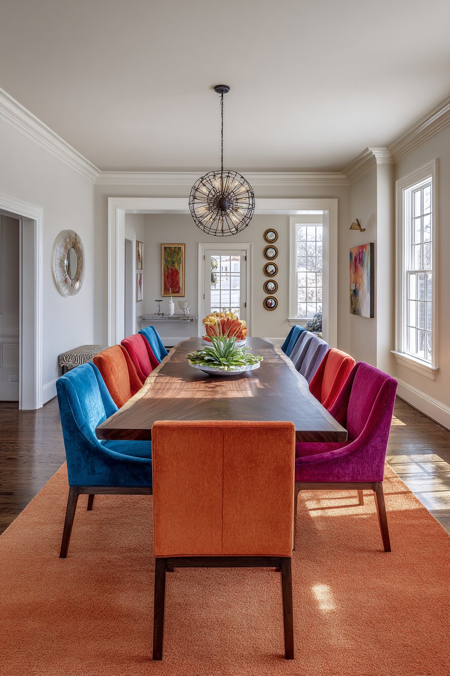 Live-Edge Walnut with Jewel-Tone Upholstered Chairs