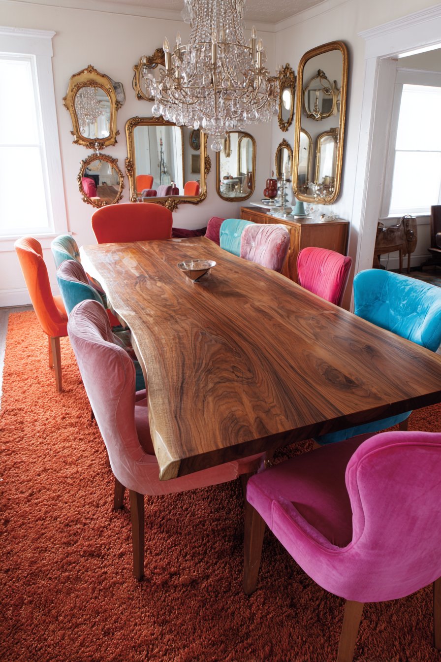 Live-Edge Walnut with Jewel-Tone Upholstered Chairs