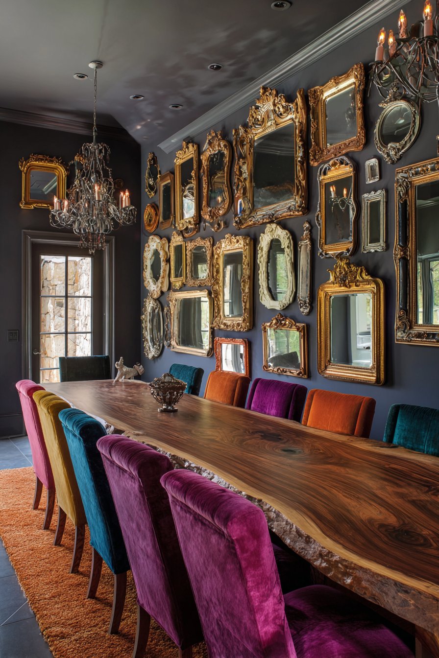 Live-Edge Walnut with Jewel-Tone Upholstered Chairs