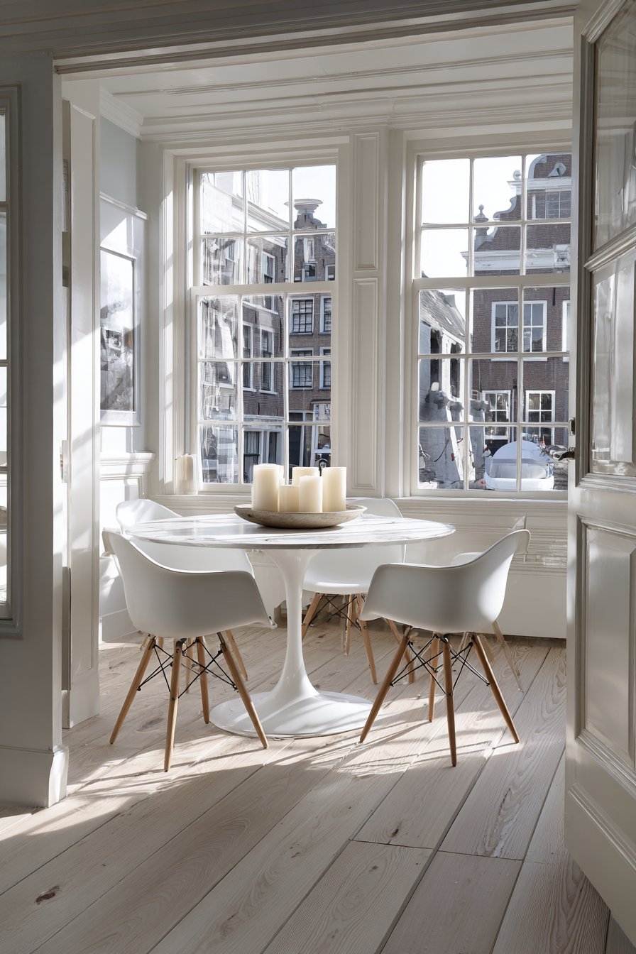 Round White Pedestal and Eames-Style Seating