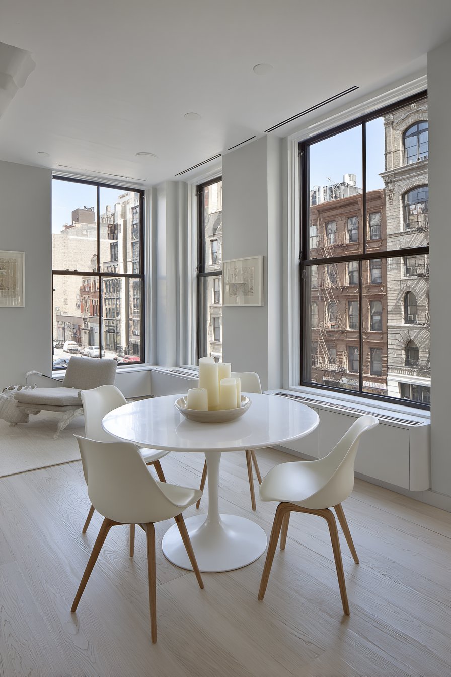 Round White Pedestal and Eames-Style Seating