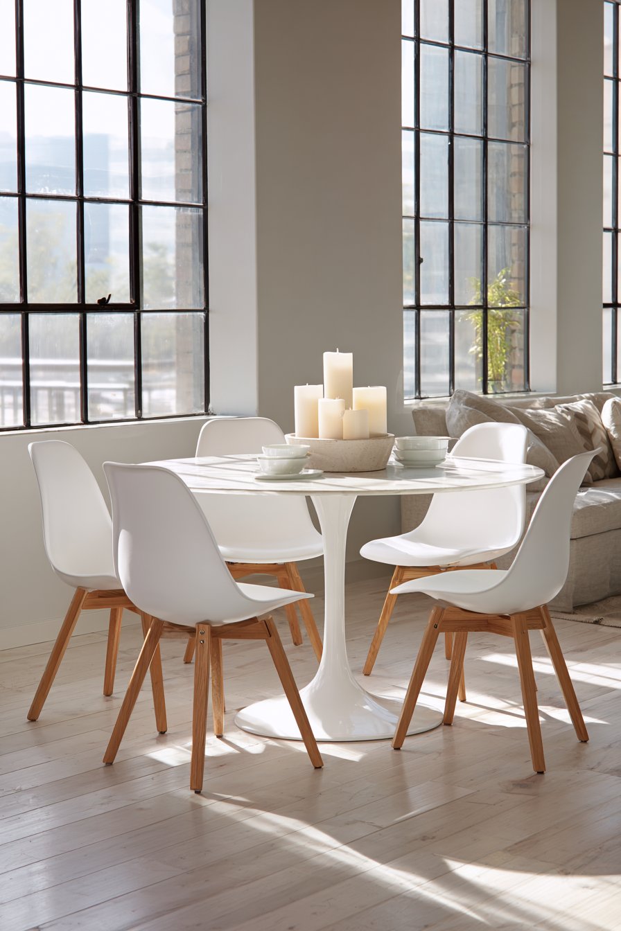Round White Pedestal and Eames-Style Seating