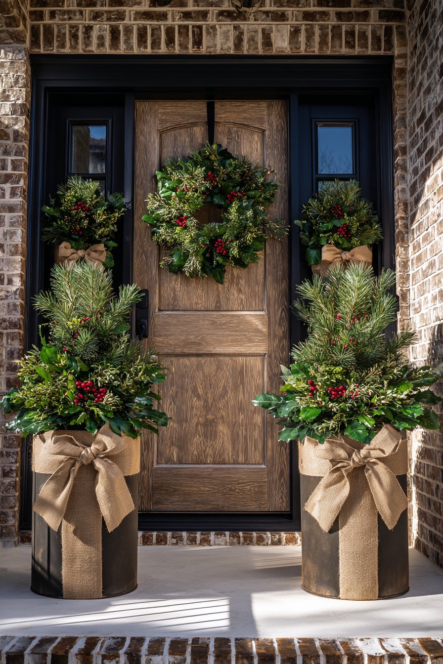 Elegant Symmetrical Entrance with Winter Greenery