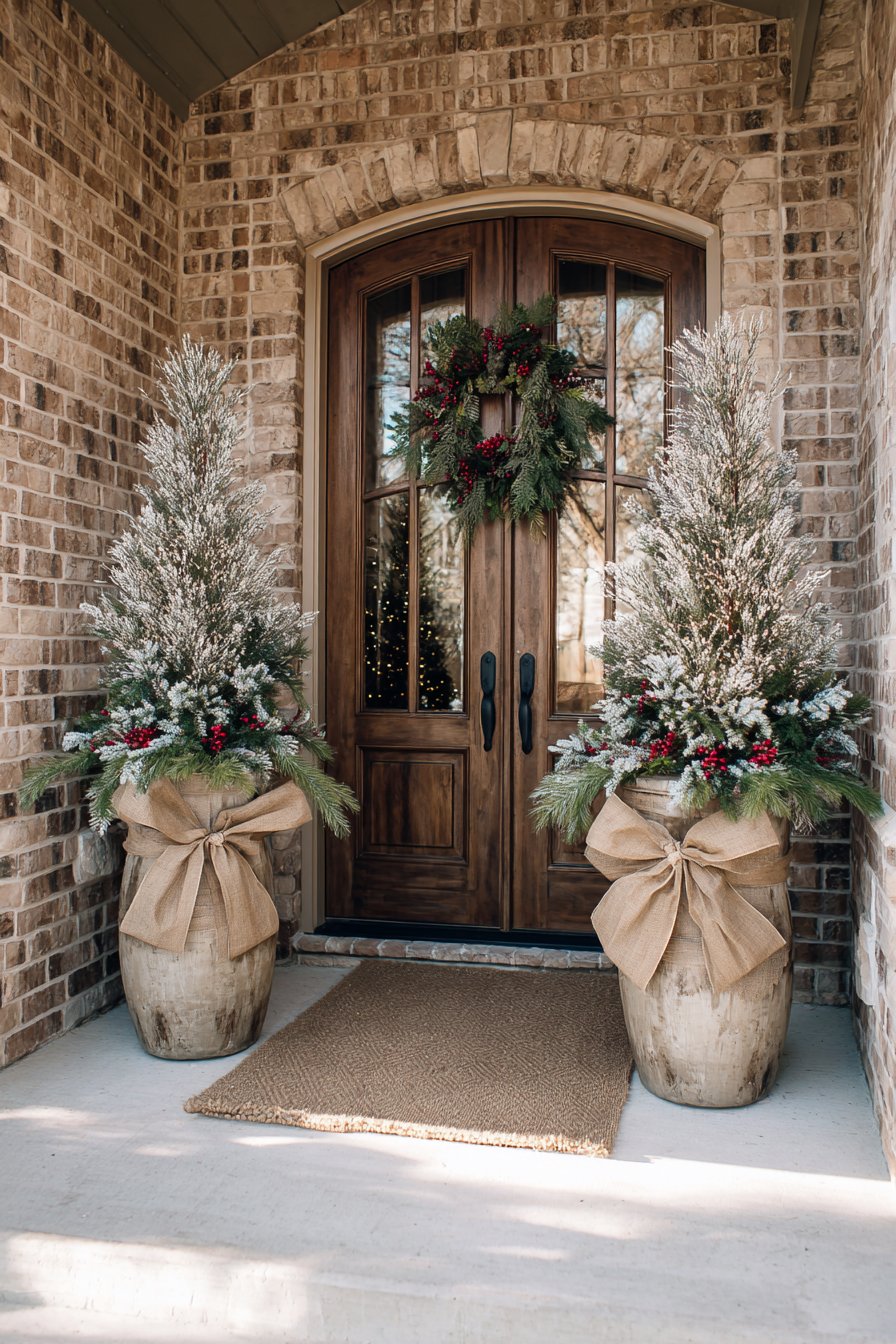 Elegant Symmetrical Entrance with Winter Greenery