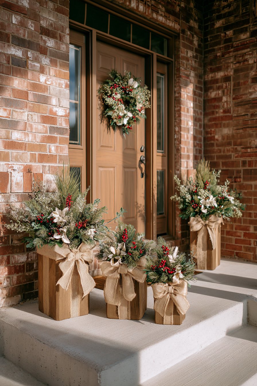 Elegant Symmetrical Entrance with Winter Greenery