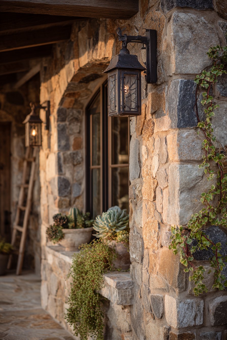 Rustic Fieldstone Wall with Vintage Garden Accents