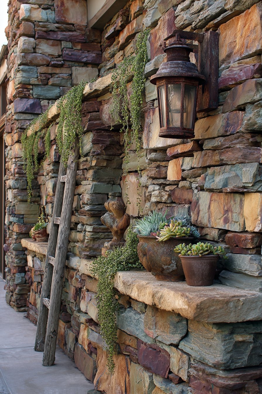 Rustic Fieldstone Wall with Vintage Garden Accents