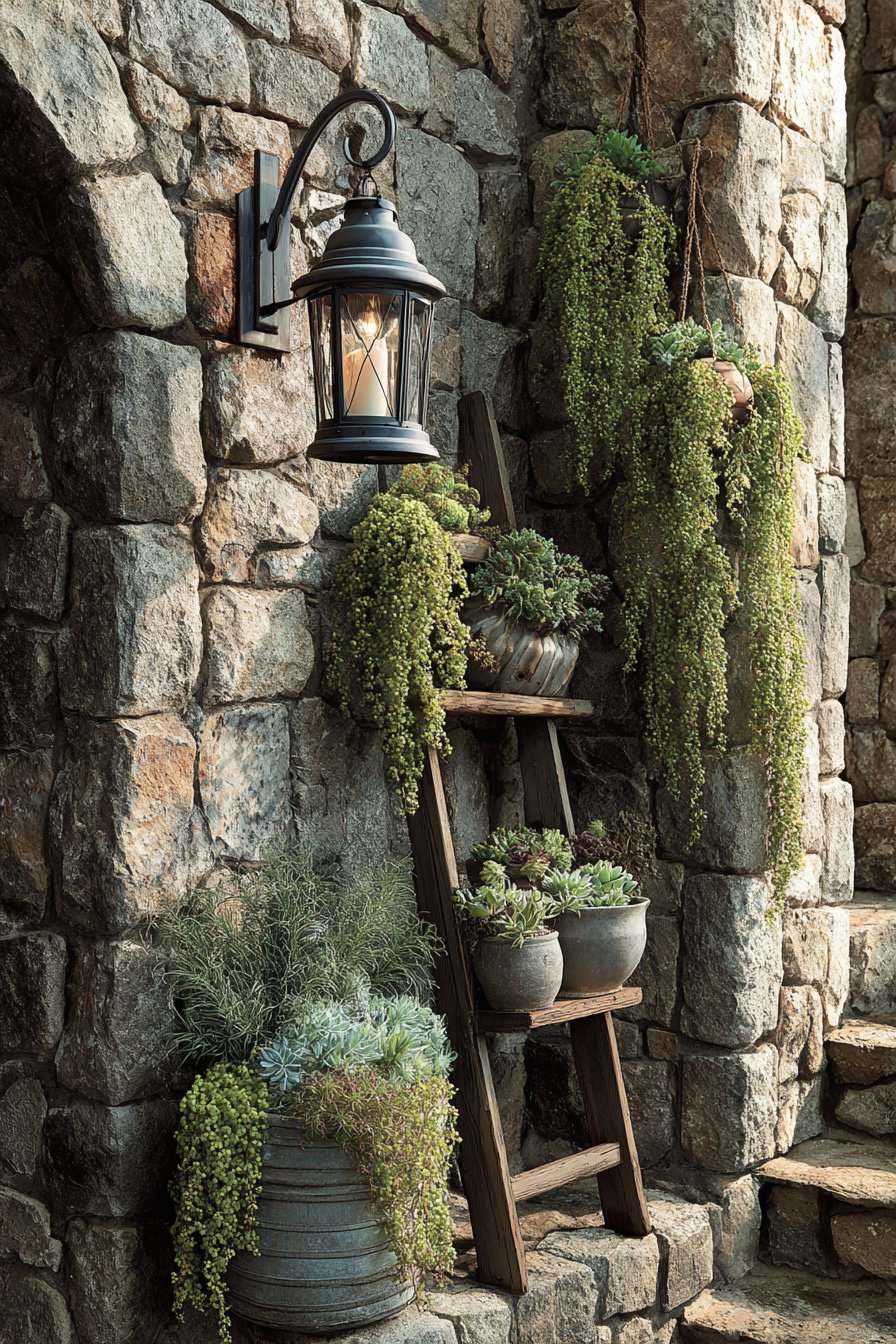 Rustic Fieldstone Wall with Vintage Garden Accents