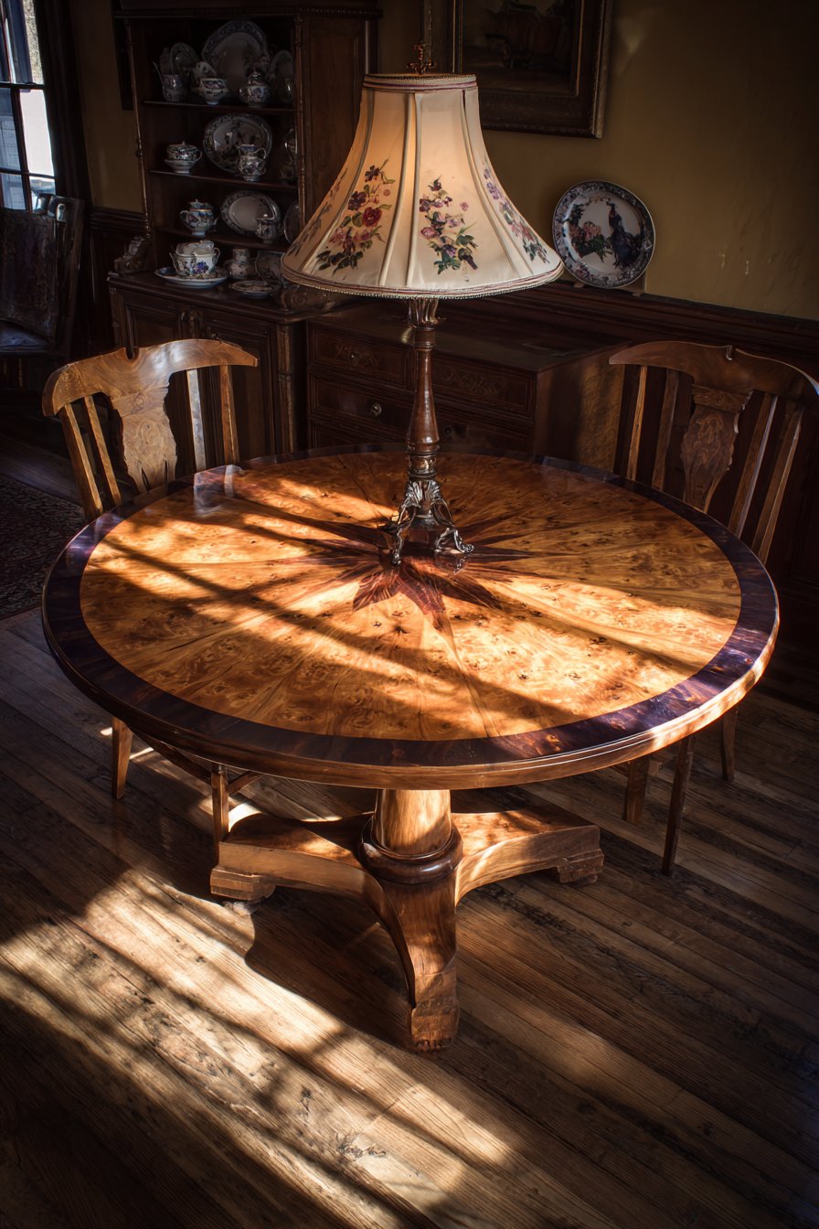 Cozy Round Walnut Table with Mismatched Chairs