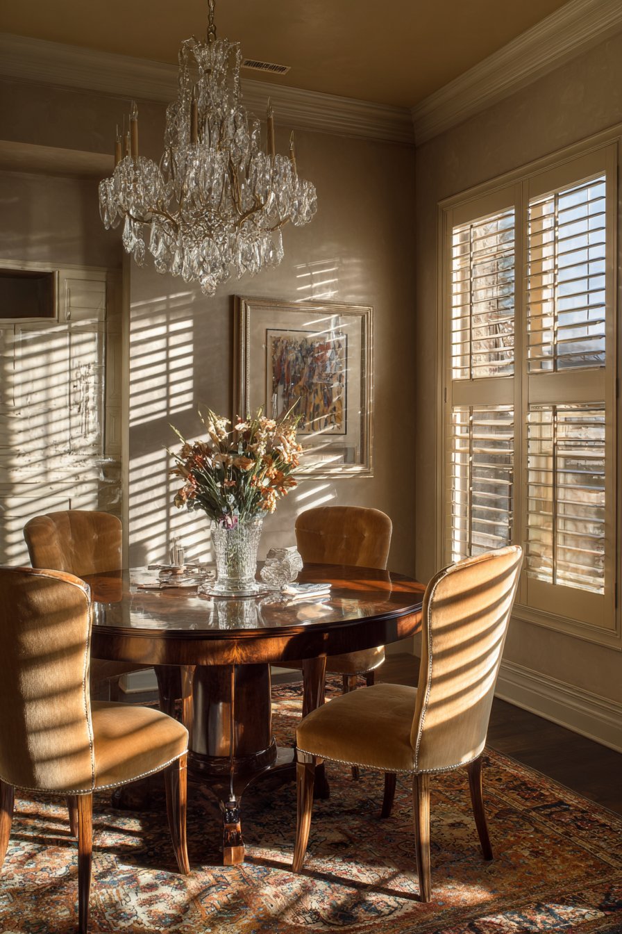 Classic Round Table Elegance with Caramel Velvet